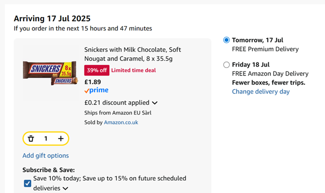 Screenshot showing Snickers 8 x 35.5g for £1.89 at Amazon