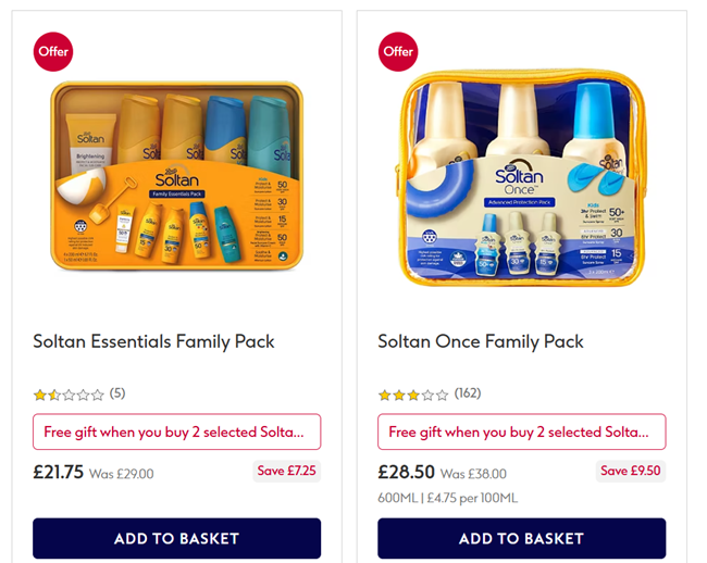 Screenshot showing Soltan Family Packs offers at Boots