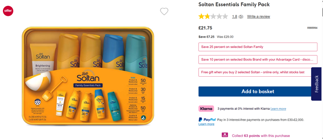 Screenshot showing Soltan Family Pack at Boots