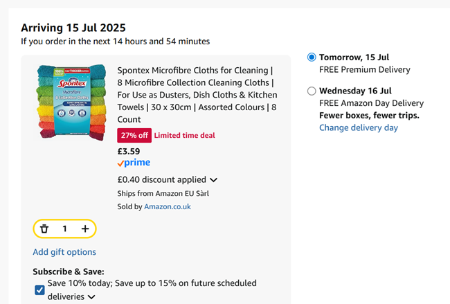 Screenshot showing Spontex 8 Microfibre Cleaning Cloths for £3.59 at Amazon
