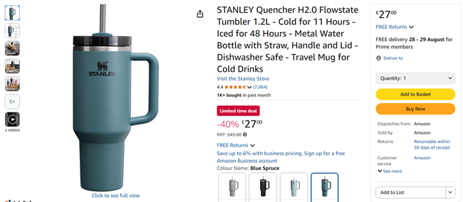Screenshot showing Stanley Quencher H2.0 Flowstate Tumbler 1.2L for £27 at Amazon