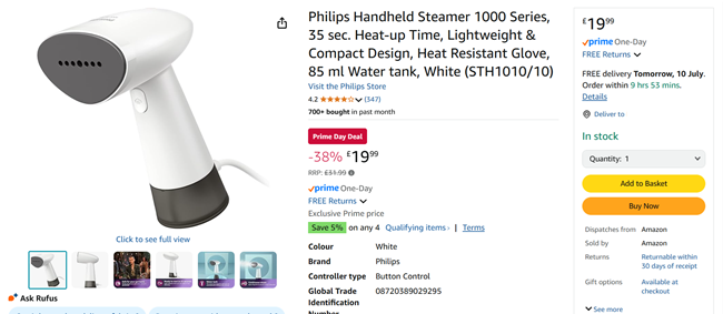 Screenshot showing Philips Handheld Steamer 1000 Series for £19.99 at Amazon