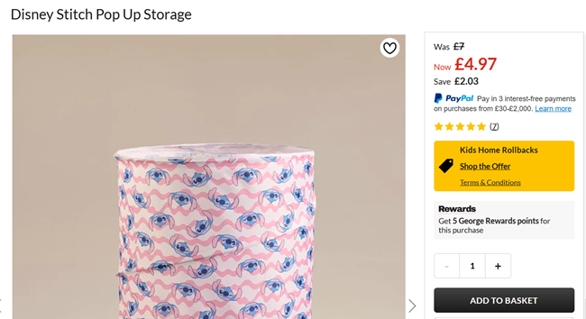 Screenshot showing Disney Stitch Pop Up Storage for £4.97 at Asda George