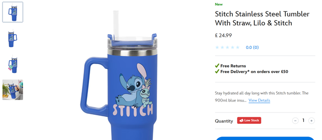 Screenshot showing Stitch Stainless Steel Tumbler With Straw for £24.99 at Disney Store