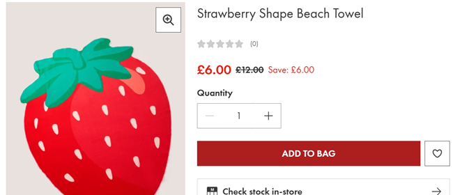 Screenshot showing Strawberry Shape Beach Towel for £6 at Matalan