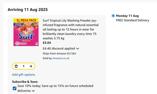 Screenshot showing Surf Tropical Lily Washing Powder XL Mega Pack 75 Wash 3.75 kg for £5.04 at Amazon