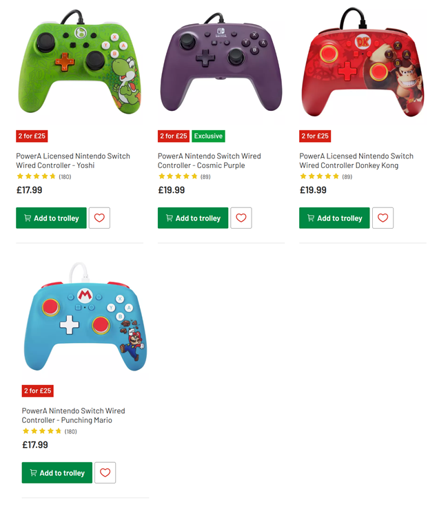 Screenshot showing 2 for £25 on selected PowerA Nintendo Switch Wired Controllers offer at Argos