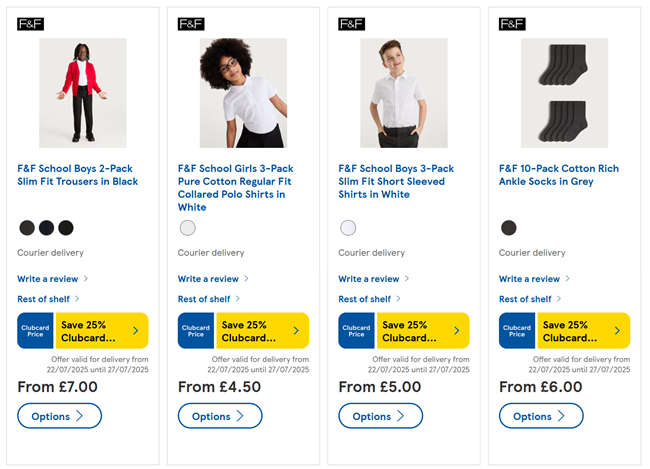 Screenshot showing 25% Off School Uniform With Clubcard offer at Tesco