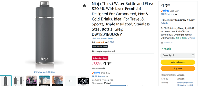 Screenshot showing Ninja Thirsti Water Bottle and Flask 530ML for £19.99 at Amazon