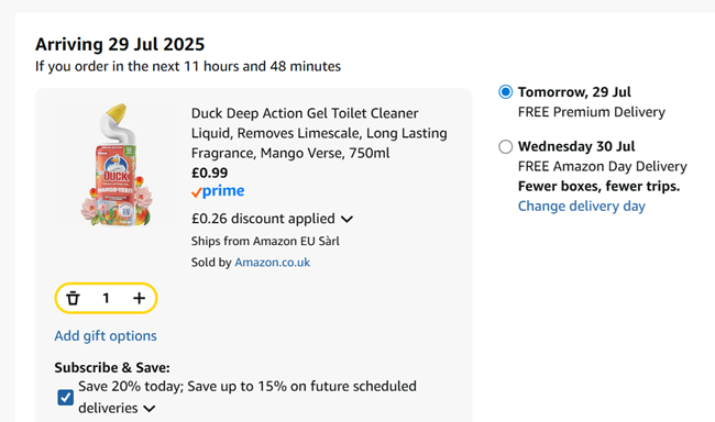 Screenshot showing Duck Deep Action Gel Toilet Cleaner Liquid Limited Edition Mango Verse 750ml for 99p at Amazon
