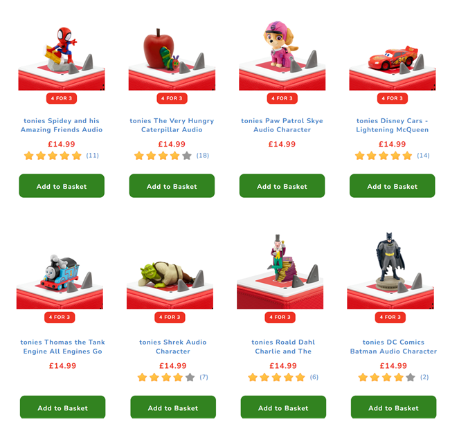 Screenshot showing 4 for 3 on all Tonies Characters offer at The Entertainer