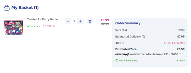 Screenshot showing Twister Air Party Game for £6.99 with code at Bargain Max