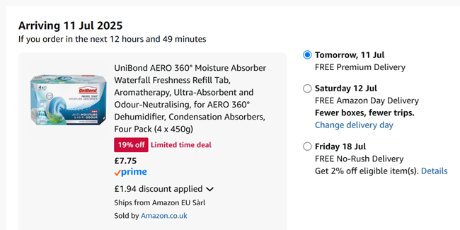 Screenshot showing UniBond AERO 360° Moisture Absorber Refill Tab 4 Pack for £7.75 at Amazon