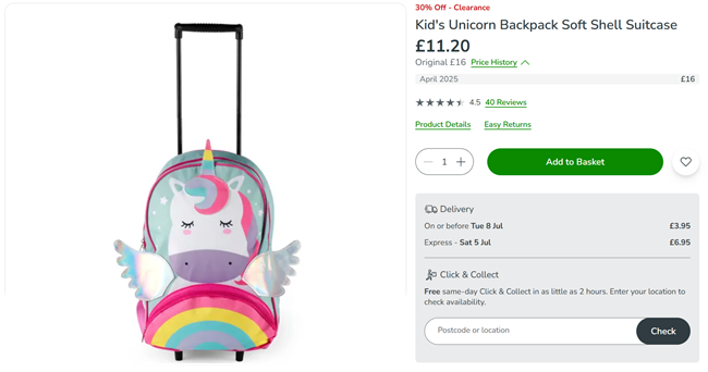Screenshot showing Kid's Unicorn Backpack Soft Shell Suitcase for £11.20 at Dunelm