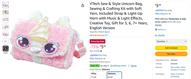 Screenshot showing VTech Sew & Style Unicorn Bag for £5.49 at Amazon