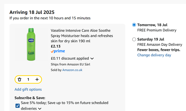 Screenshot showing Vaseline Intensive Care Aloe Soothe Spray Moisturiser 190ml for £2.13 at Amazon