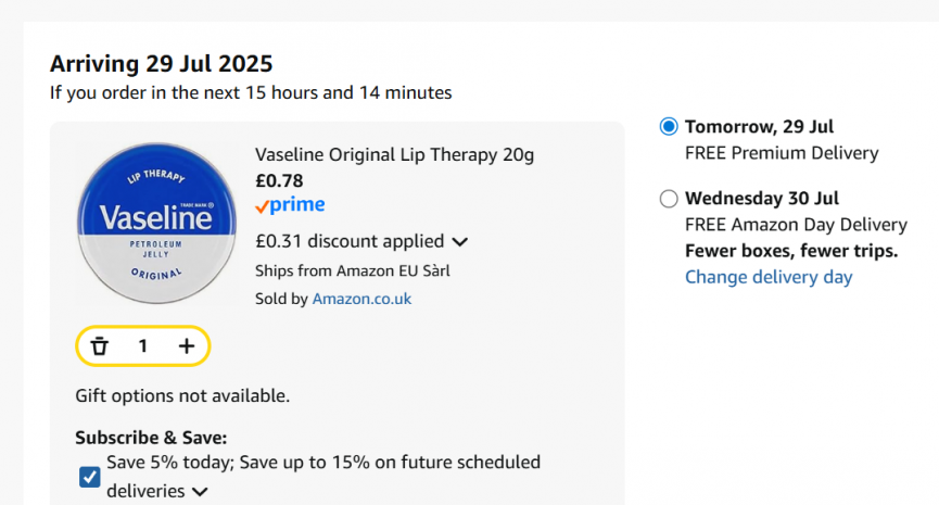 Screenshot showing Vaseline Original Lip Therapy 20g for 78p at Amazon