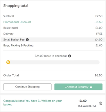 Screenshot showing Walkers Classic Variety Multipack 12 x 25g for £1 with code at Iceland