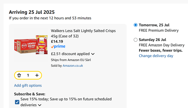 Screenshot showing Walkers Less Salt Lightly Salted 45g (Case of 32) for £14.19 at Amazon