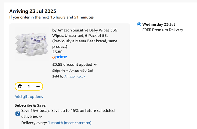 Screenshot showing by Amazon Sensitive Baby Wipes 336 Wipes, Unscented, 6 Pack of 56 for £3.86 at Amazon