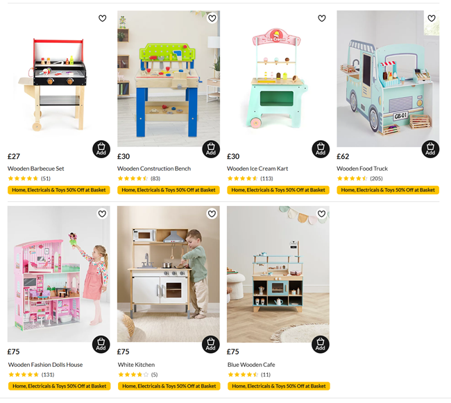 Screenshot showing 50% Off Selected Wooden Toy Playsets offer at Asda George
