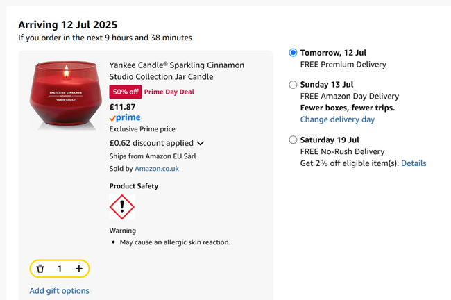 Screenshot showing Yankee Candle Sparkling Cinnamon Studio Collection Jar Candle for £11.87 at Amazon