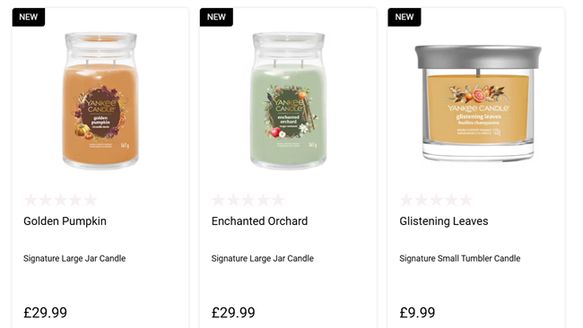 Screenshot showing new Fantastical Fall Candle Range at Yankee Candle