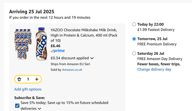 Screenshot showing Yazoo Milkshake Drink Pack Of 10 x 400ml for £6.46 at Amazon