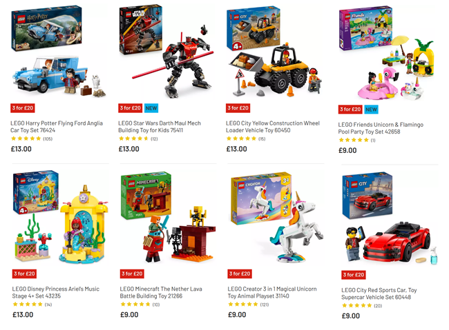 Screenshot showing 3 for £20 offer on selected LEGO sets at Argos
