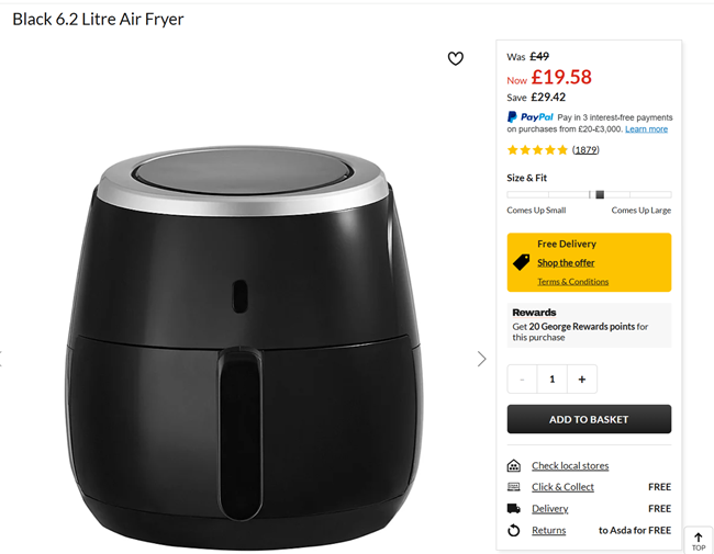 Screenshot showing Black 6.2 Litre Air Fryer for £19.58 with free delivery at Asda George