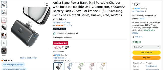 Screenshot showing Anker Nano Power Bank for £16.99 at Amazon / AnkerDirect UK