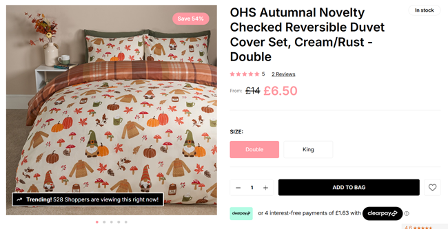 Screenshot showing Autumnal Novelty Checked Reversible Duvet Cover Set Double for £6.50 at Online Home Shop