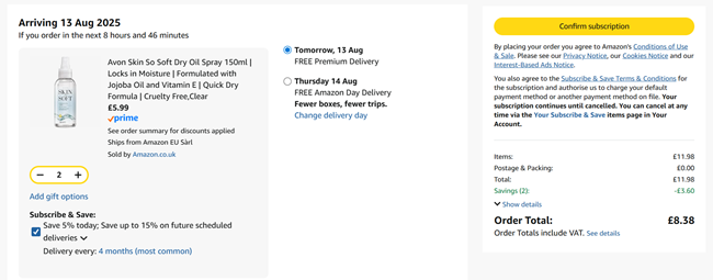 Screenshot showing Avon Skin So Soft Dry Oil Spray 150ml 2 for £8.38 at Amazon