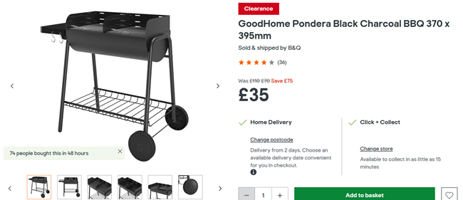 Screenshot showing GoodHome Pondera Black Charcoal BBQ for £35 at B&Q