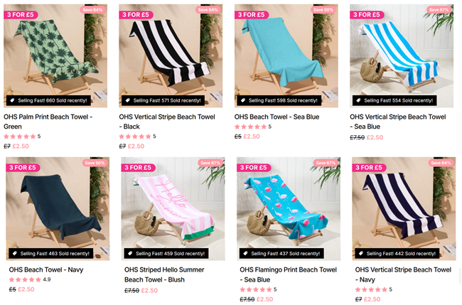 Screenshot showing 3 for £5 on selected Beach Towels offer at Online Home Shop