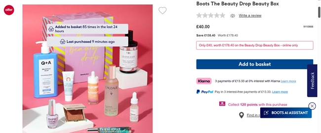 Screenshot showing Boots The Beauty Drop Beauty Box for £40 at Boots