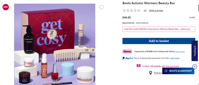 Screenshot showing Boots Autumn Warmers Beauty Box for £45 at Boots