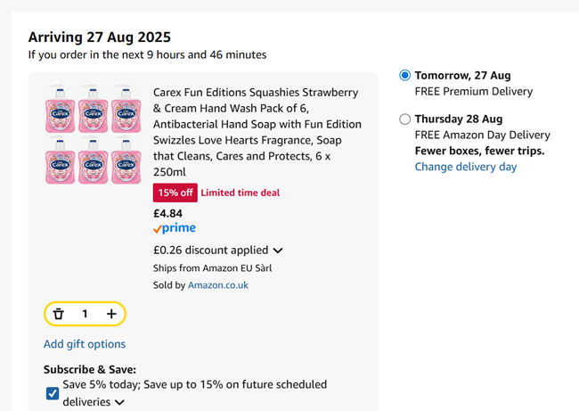 Screenshot showing Carex Fun Editions Squashies Hand Wash 6 x 250ml for £4.84 at Amazon
