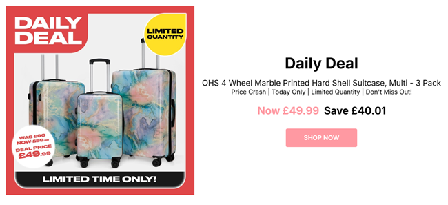Screenshot showing Daily Deal: 4 Wheel Marble Printed Hard Shell Suitcase 3 Pack £49.99 at Online Home Shop