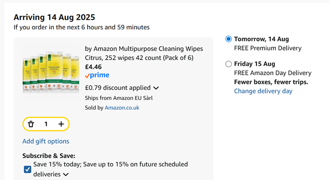 Screenshot showing by Amazon Multipurpose Cleaning Wipes 6 Packs for £4.46 at Amazon