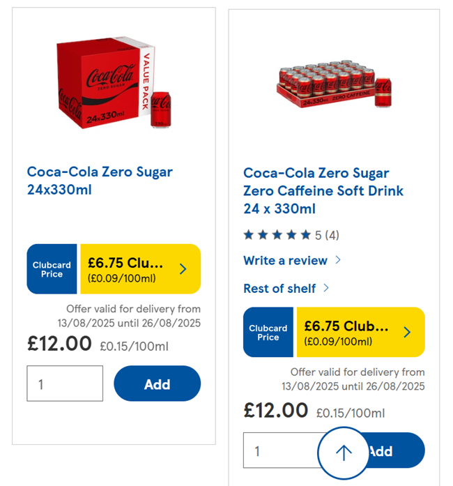 Screenshot showing Coca-Cola Zero Sugar / Zero Caffeine 24 x 330ml for £6.75 with Clubcard at Tesco