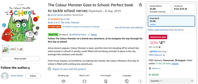 Screenshot showing The Colour Monster Goes to School Book for £4 at Amazon