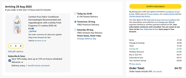 Screenshot showing Comfort Pure Fabric Conditioner 31 Washes (930 ml) 4 for £4.72 at Amazon