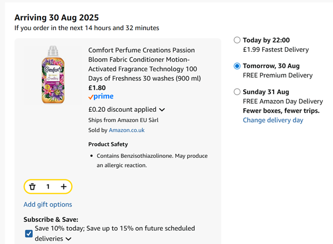 Screenshot showing Comfort Perfume Creations Fabric Conditioner 30 washes 900 ml for £1.80 at Amazon