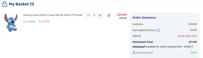 Screenshot showing Disney Lilo & Stitch Crack Me Up Stitch Interactive Soft Toy for £17.49 with code at Bargain Max