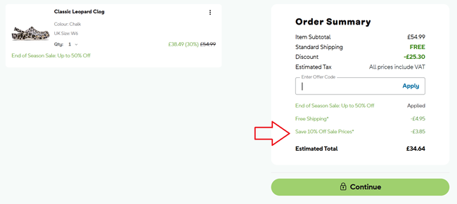 Screenshot showing extra 10% off sale at Crocs
