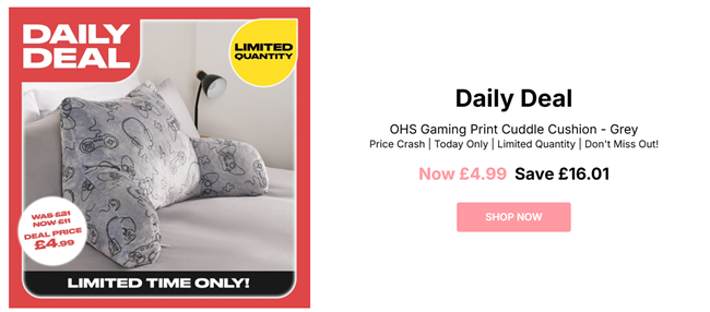Screenshot showing OHS Gaming Print Cuddle Cushion Grey for £4.99 at Online Home Shop