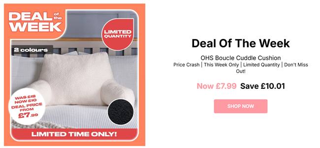 Screenshot showing Deal Of The Week: Boucle Cuddle Cushion for £7.99 at Online Home Shop