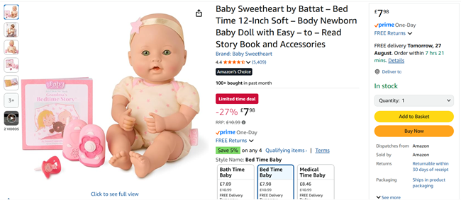 Screenshot showing Baby Sweetheart Bed Time Baby Doll + Story Book & Accessories for £7.98 at Amazon