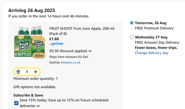 Screenshot showing Robinson's Fruit Shoot 8 x 200ml for £1.68 at Amazon